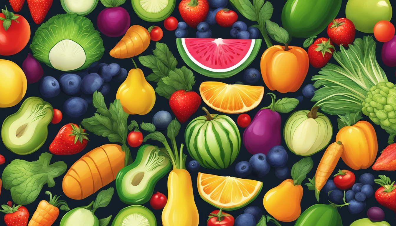 A colorful array of fruits and vegetables bursting with vitality, radiating energy and health