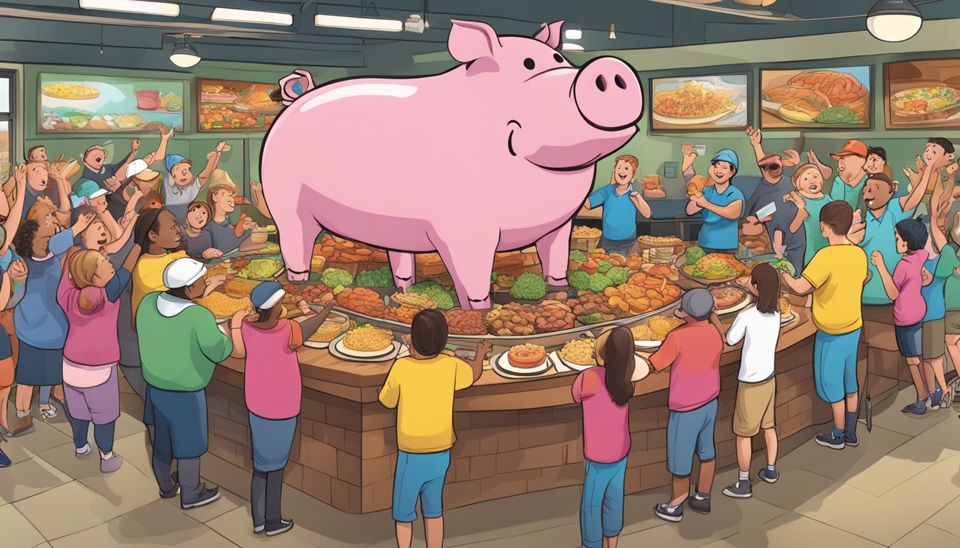 A giant pig-shaped food challenge display at Fatty's Food Factory, surrounded by cheering spectators and a timer counting down