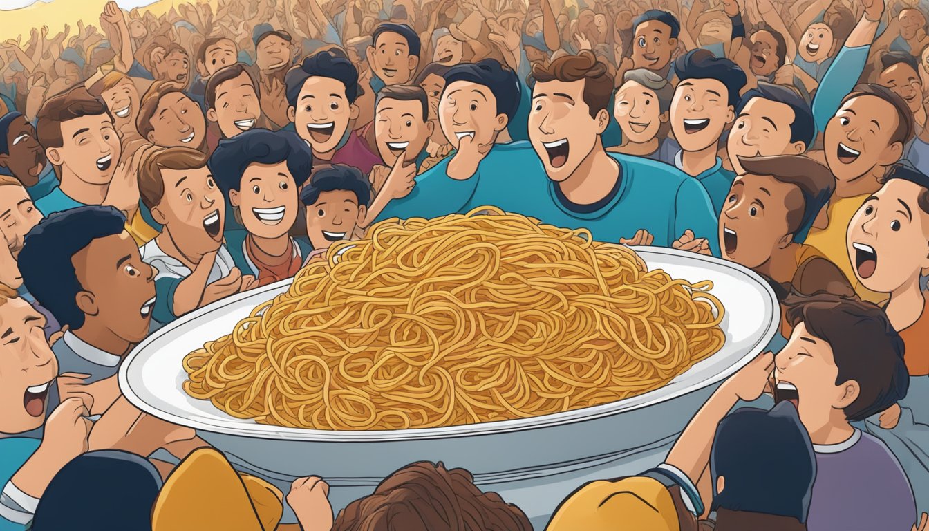 A mountain of spaghetti piled high on a plate, surrounded by cheering spectators at Pasta House