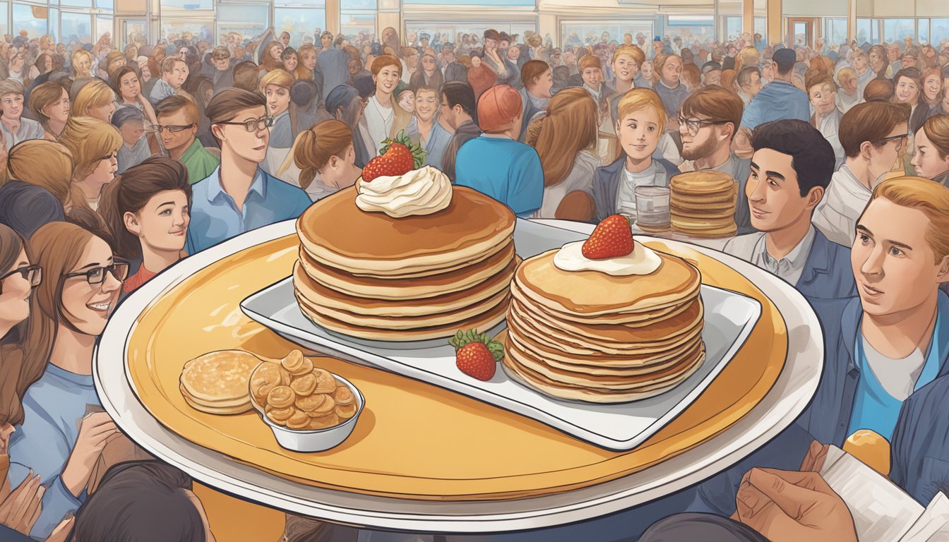 A towering stack of pancakes with various toppings sits on a plate, surrounded by a crowd of onlookers at IHOP