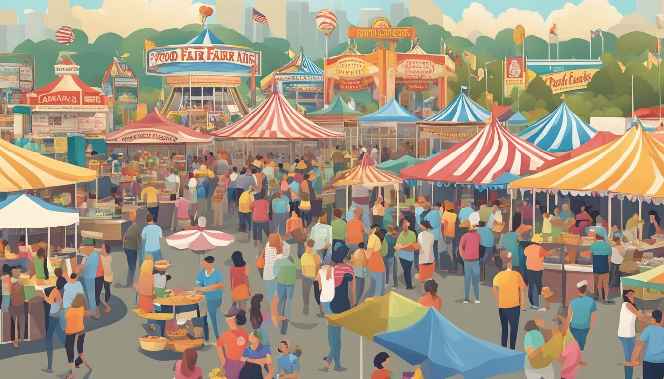 A crowded state fair with food vendors and eager participants attempting various food challenges