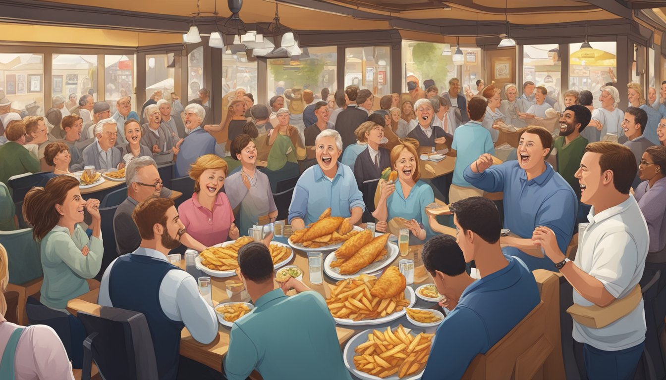 A bustling restaurant with a giant platter of fish and chips surrounded by cheering onlookers