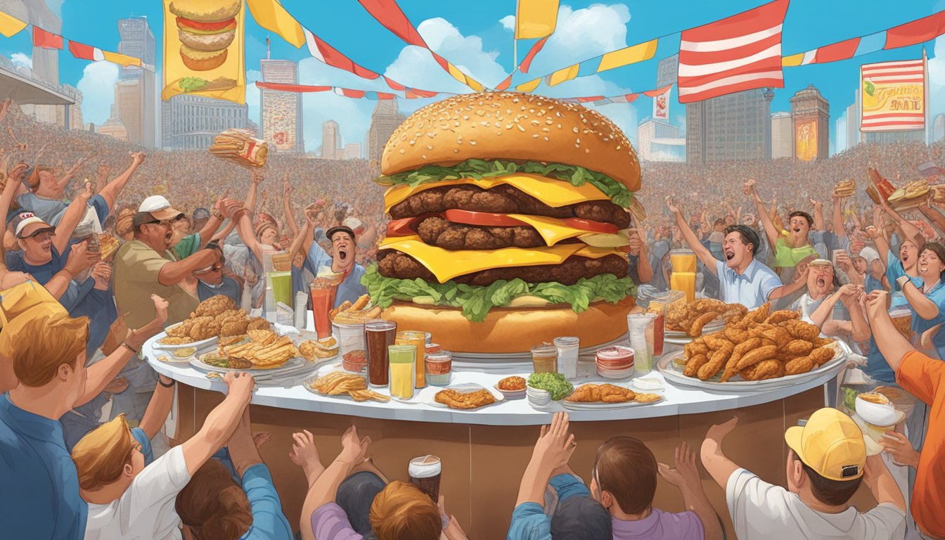 A table filled with towering food challenges: giant burgers, spicy wings, and massive sundaes, surrounded by cheering spectators