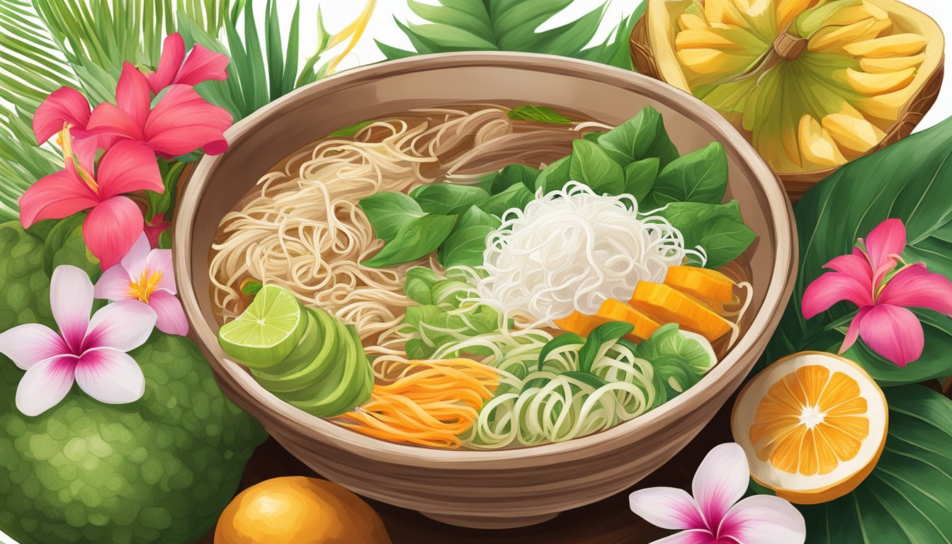 A steaming bowl of pho surrounded by tropical fruits and flowers at the Kauai Pho Bowl Contest in Hawaii