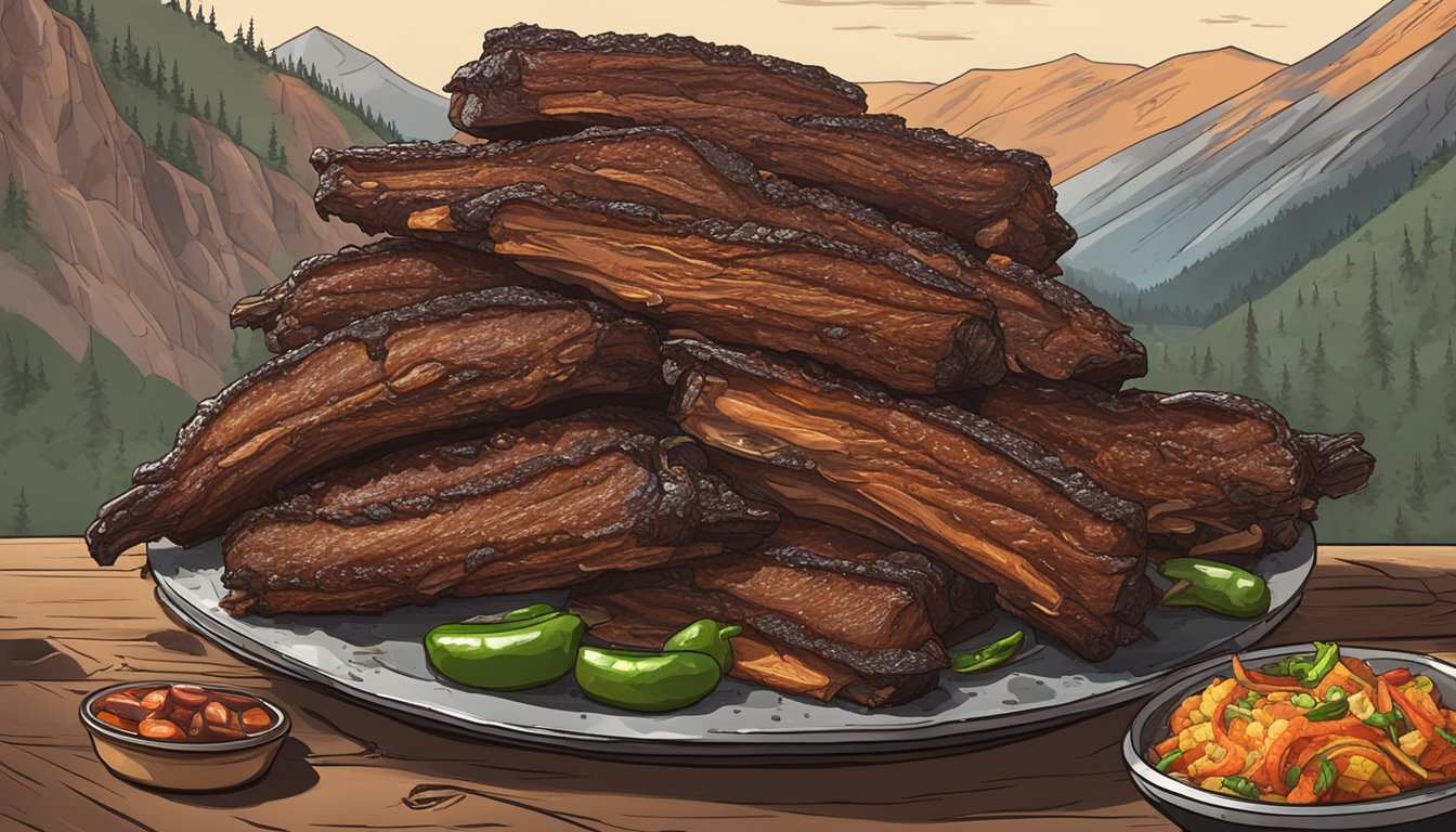 A smoky barbecue pit with a towering stack of charred ribs, a mountain of brisket, and a heap of spicy jalapeno poppers