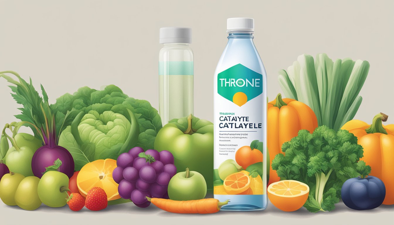 A bottle of Thorne Research Catalyte surrounded by various fruits and vegetables, with a glass of water nearby