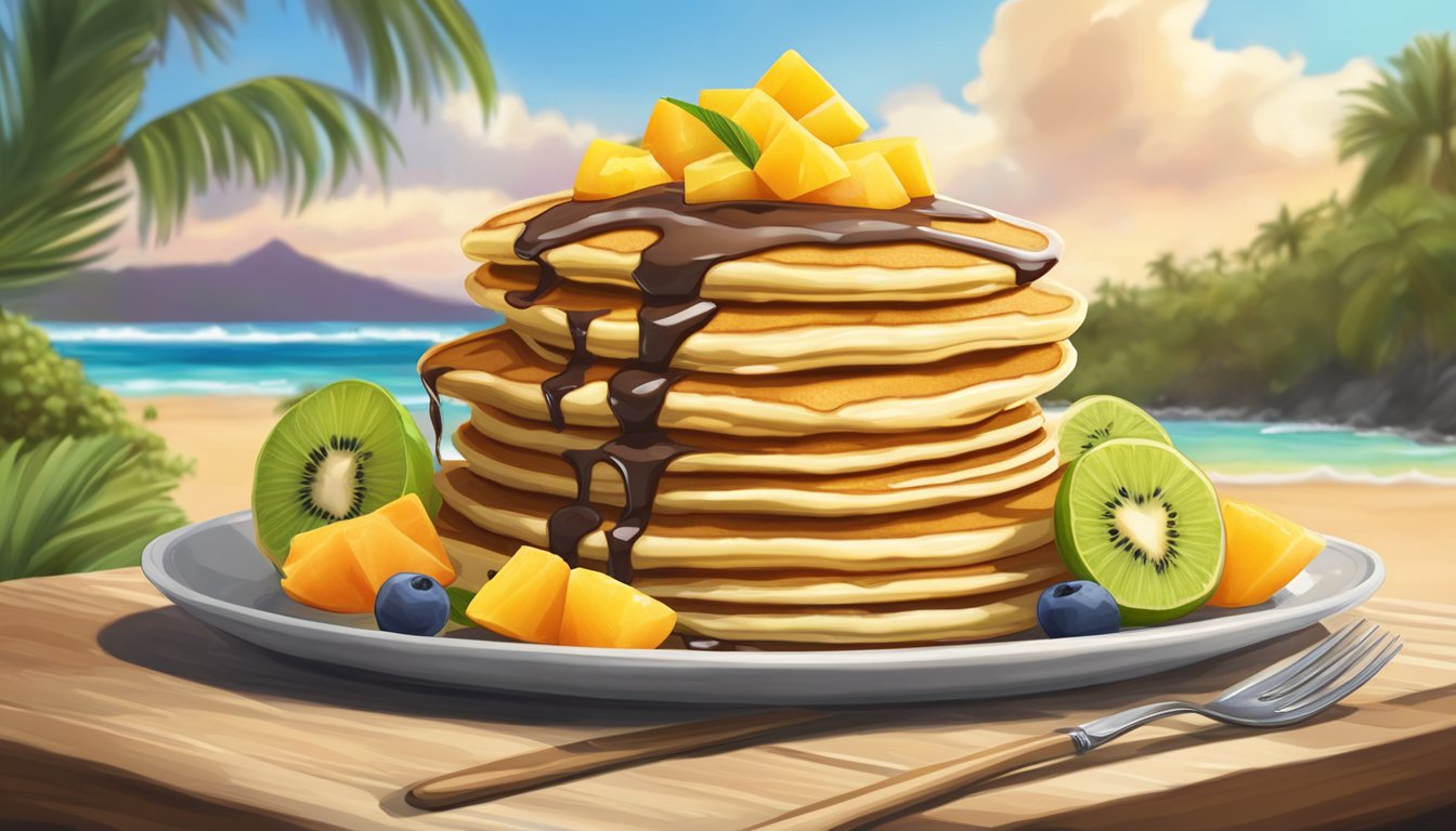 A towering stack of Paniolo Pancakes topped with tropical fruits and drizzled with coconut syrup, surrounded by a vibrant Hawaiian landscape