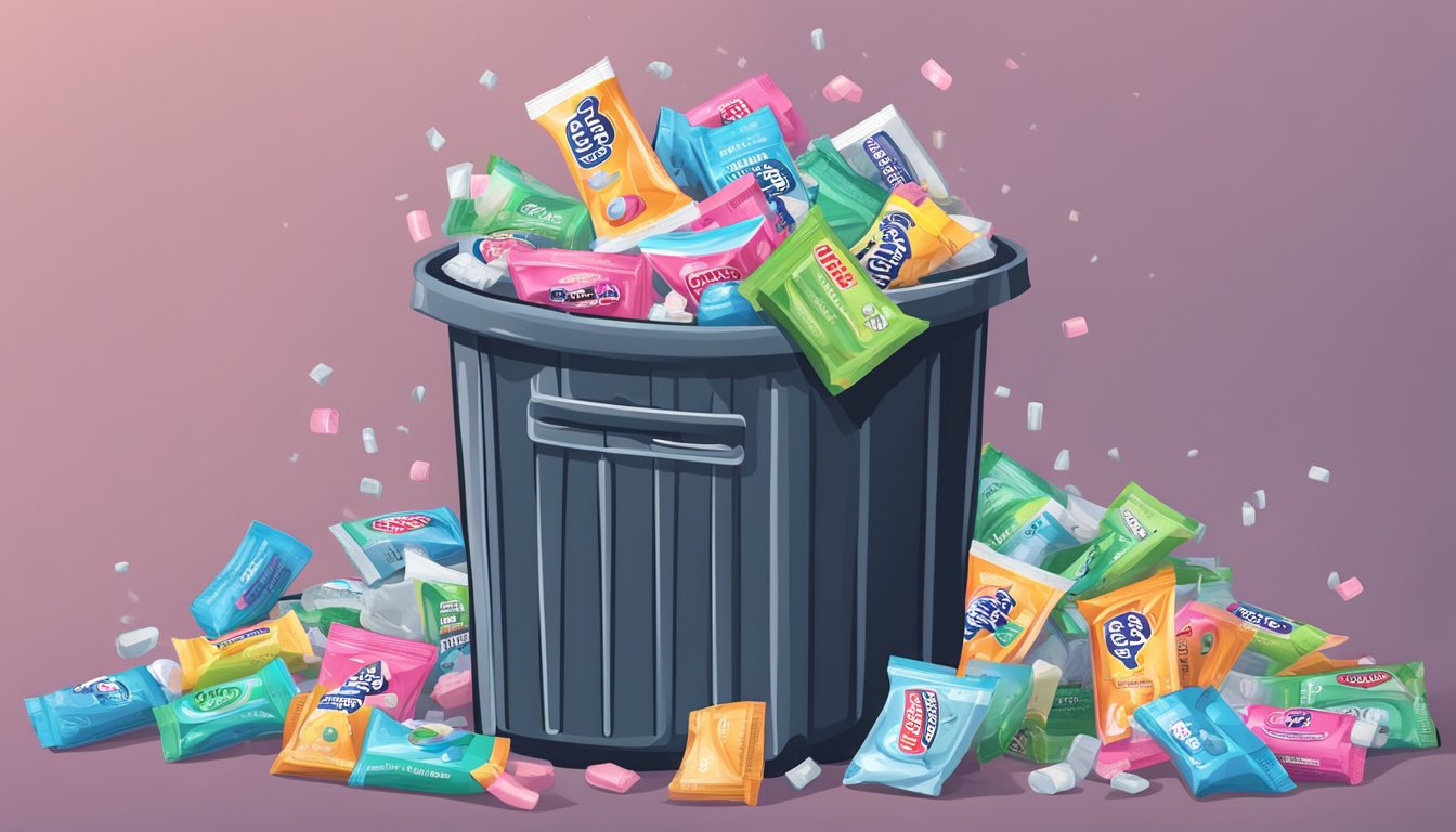 A pile of empty 5 gum packs overflowing from a trash can, surrounded by stomach discomfort indicators like antacids and digestive aids