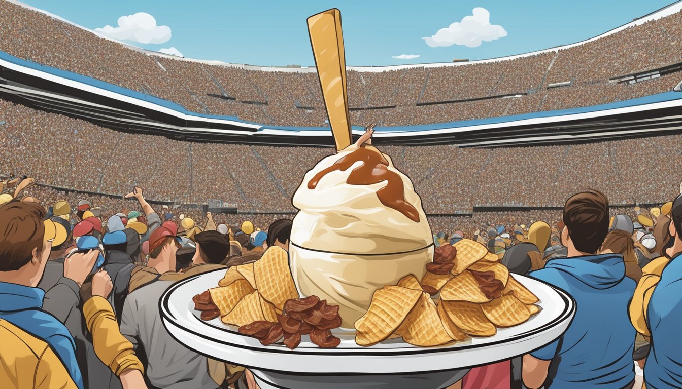 A towering ice cream sundae topped with Idaho potato chips, bacon, and caramel sauce, surrounded by cheering onlookers at the Famous Idaho Potato Bowl