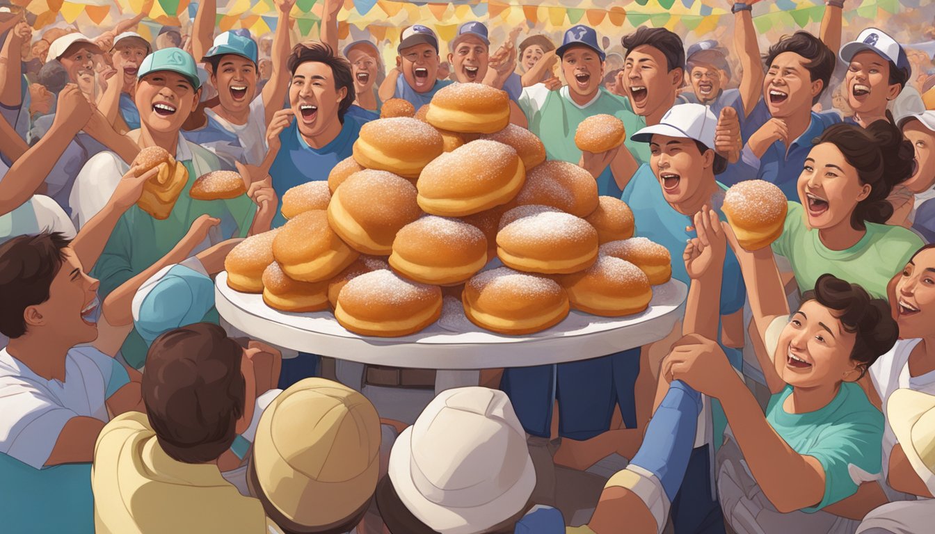 A table piled high with oversized malasadas, surrounded by cheering spectators