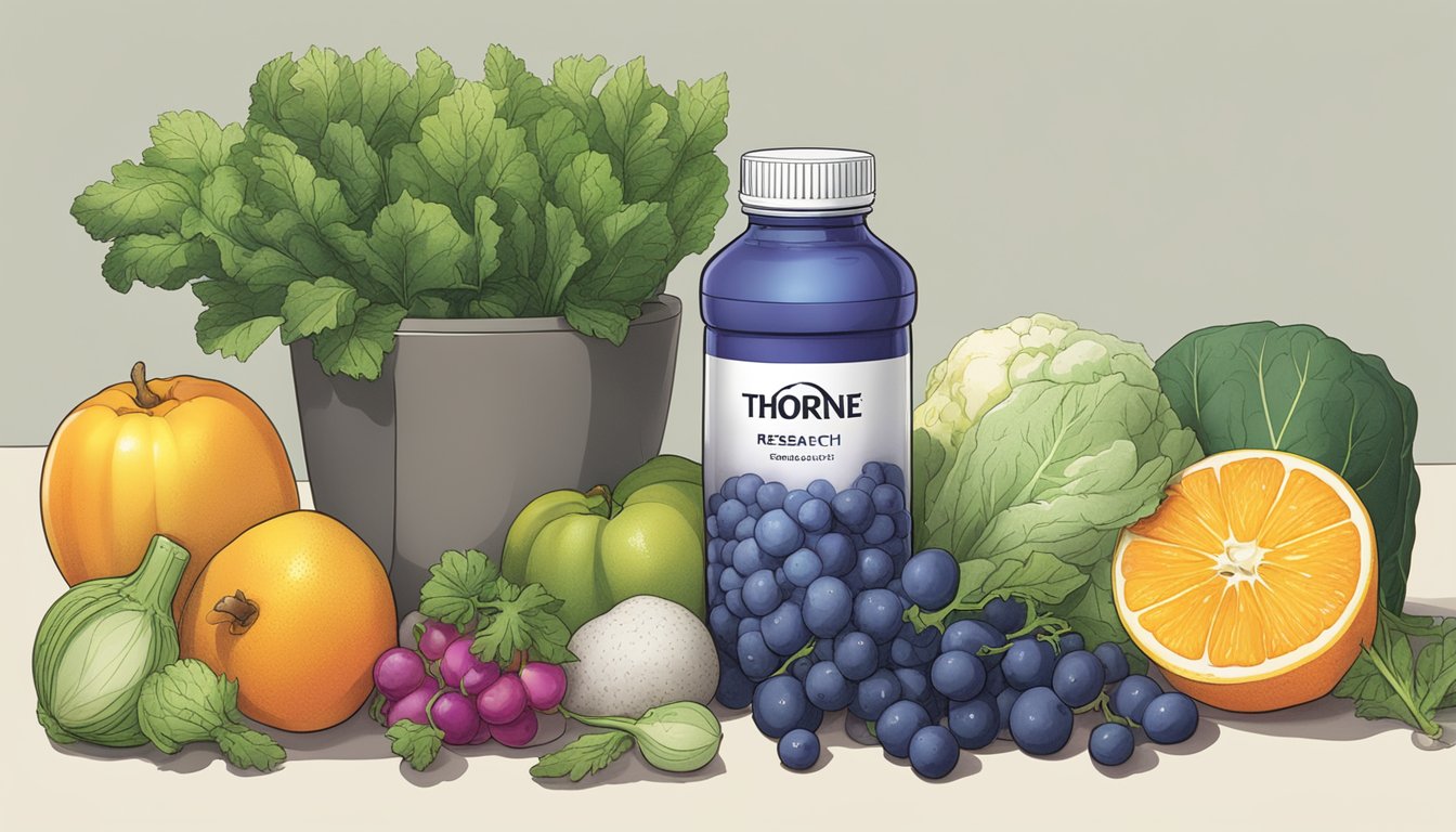 A bottle of Thorne Research Catalyte surrounded by various fruits and vegetables, with a glass filled with the supplement and a measuring spoon next to it