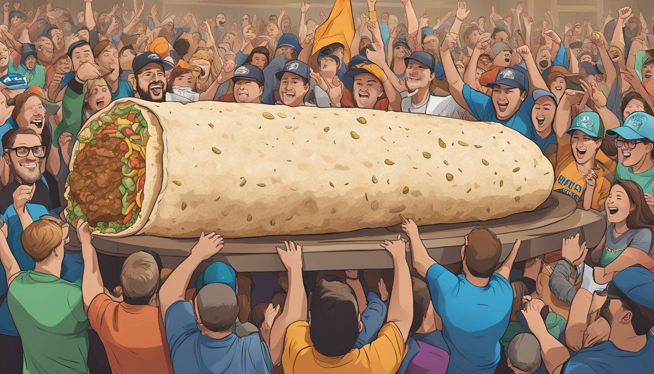 A massive burrito surrounded by cheering spectators at Kodiak Bar's Mega Burrito Challenge