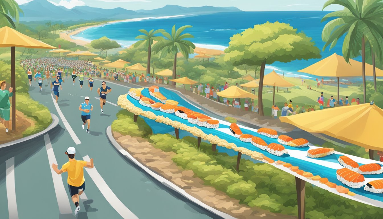 A long sushi roll stretching across a marathon course, with Hawaiian scenery in the background