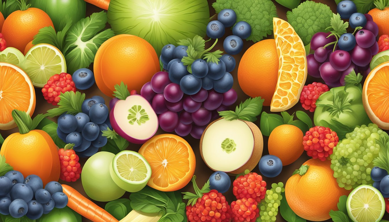 A colorful array of fruits and vegetables, including berries, oranges, and carrots, arranged in a balanced and appealing manner