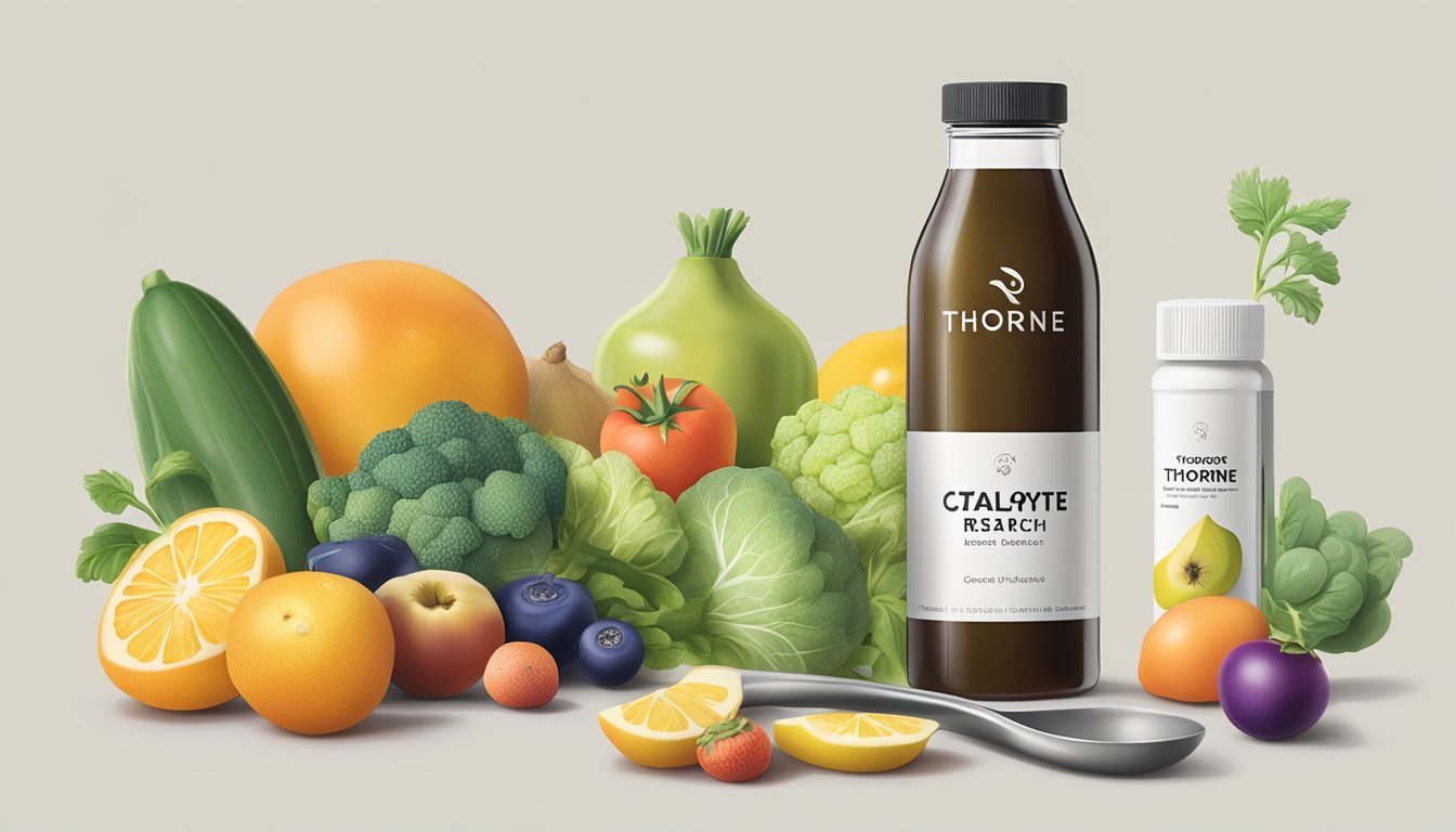 A bottle of Thorne Research Catalyte surrounded by various fruits and vegetables, with a measuring spoon nearby