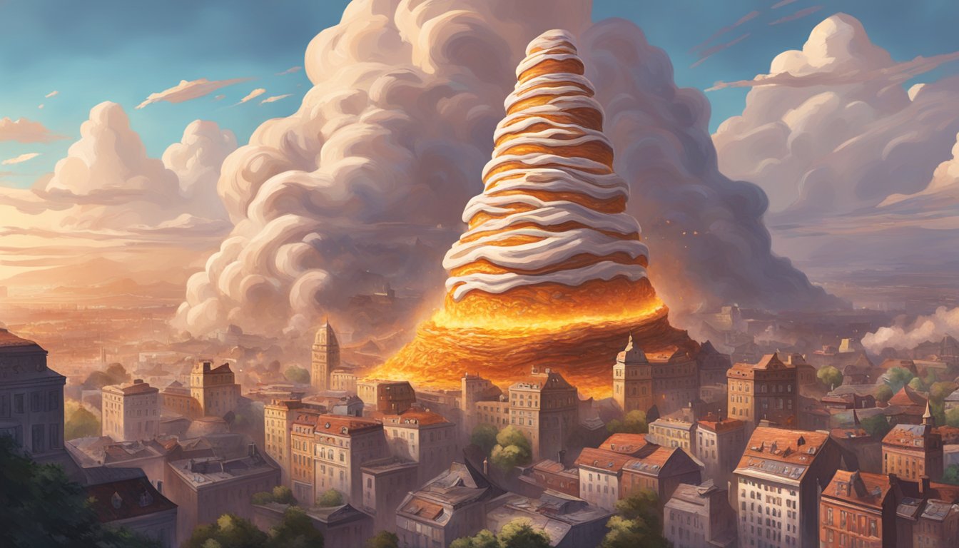 A massive cinnabun looms over a city, frosting dripping like lava as people flee in panic