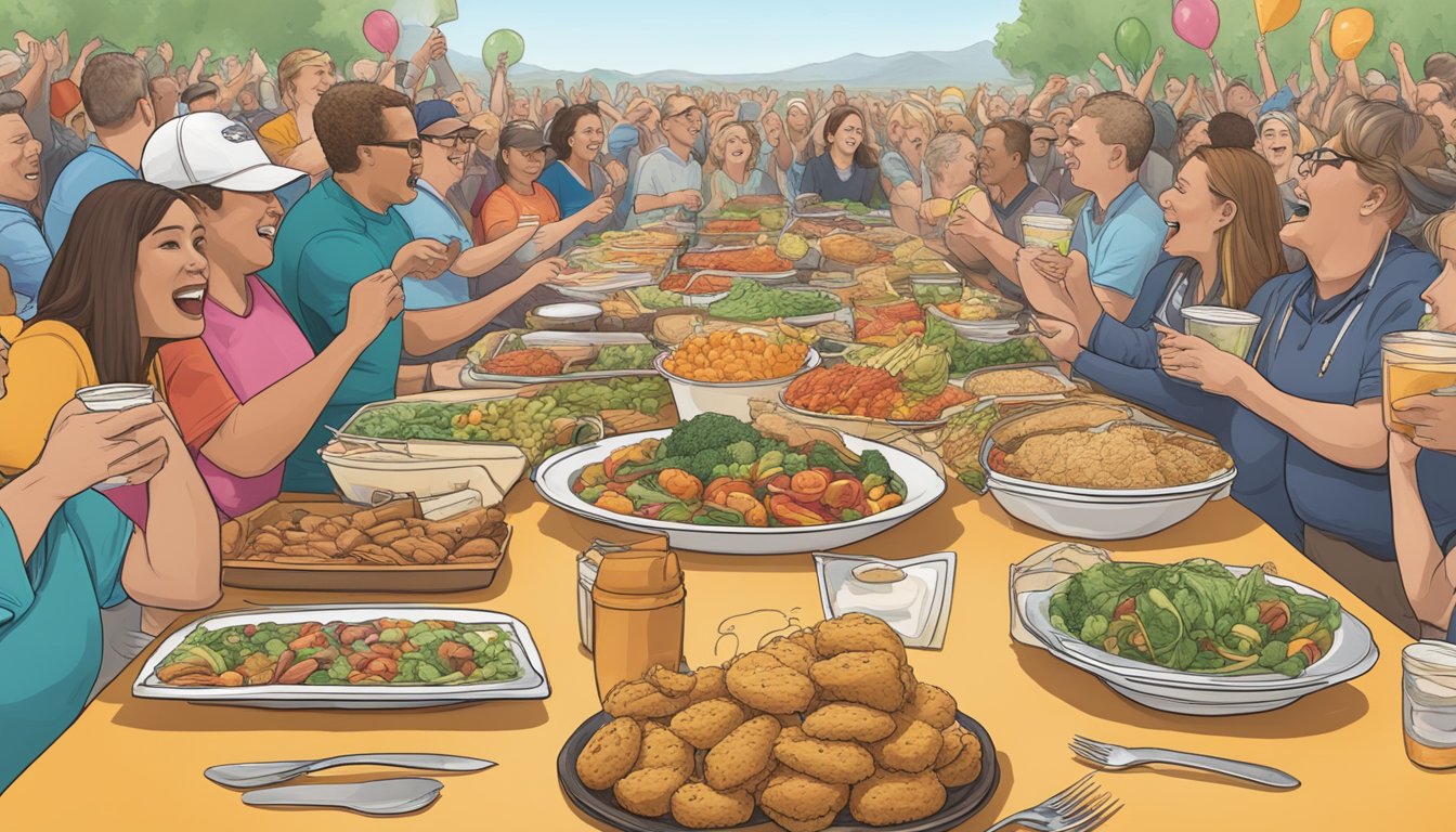 A table filled with massive food portions, a stopwatch, and a cheering crowd at an Idaho food challenge event