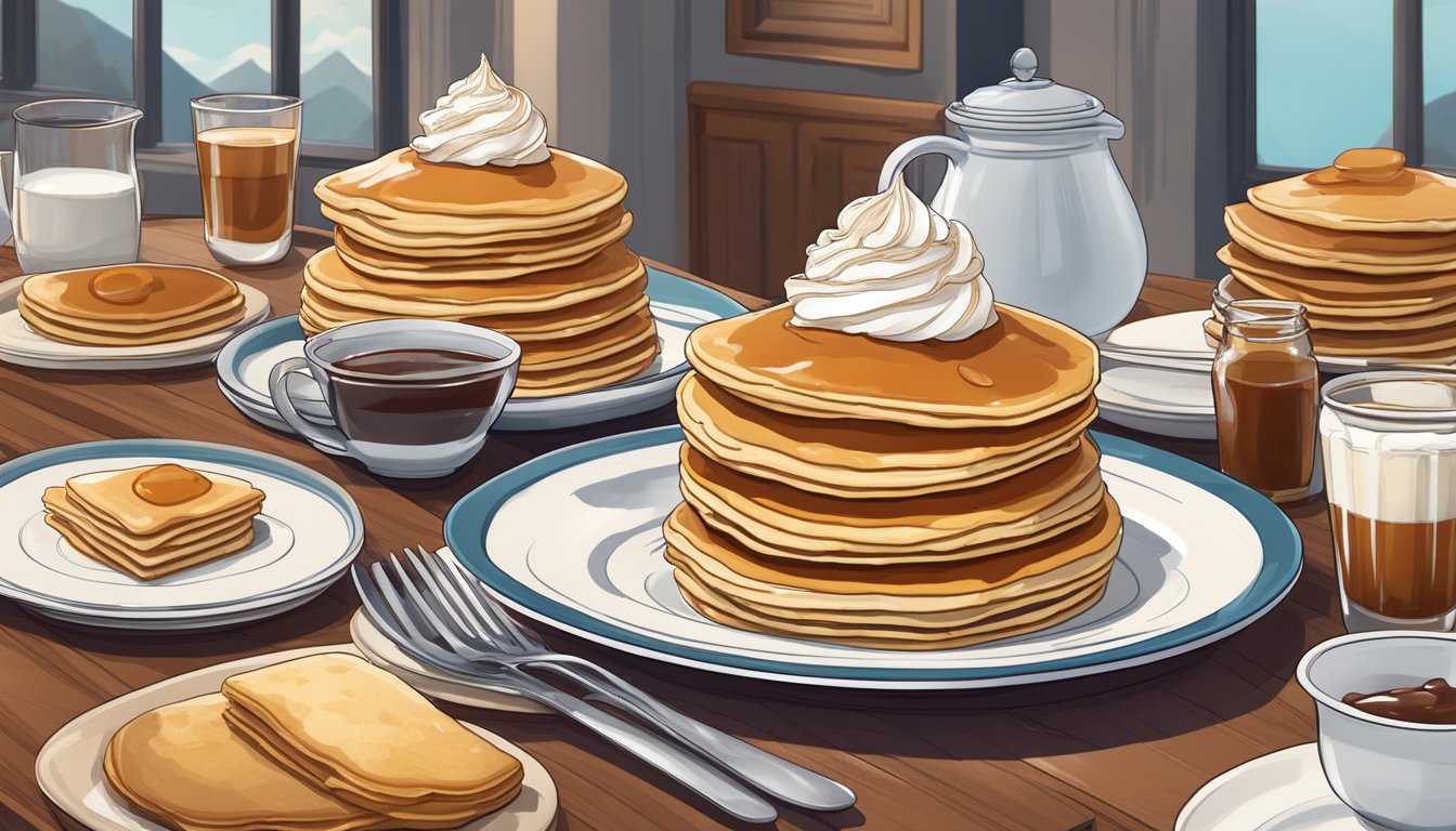 A towering stack of pancakes, topped with a mountain of syrup and a dollop of whipped cream, surrounded by a sea of empty plates