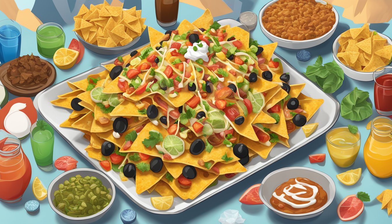 A towering plate of loaded nachos with a Titanic theme, surrounded by festive Georgia food challenge decor