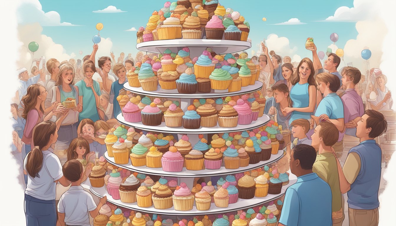 A towering stack of oversized dessert dishes overflowing with sugary treats, surrounded by a crowd of eager onlookers at Sugar Factory Florida