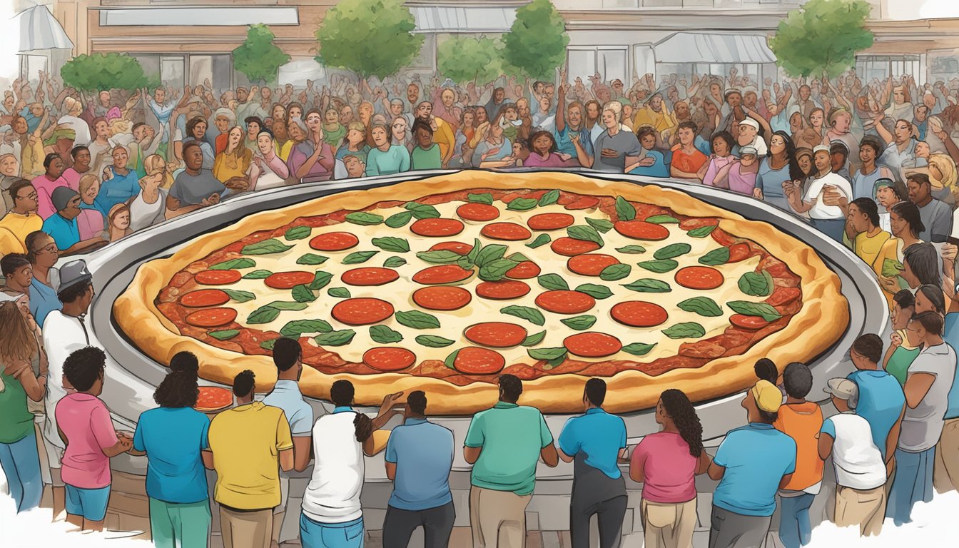 A massive pizza pie surrounded by onlookers at a Georgia food challenge event