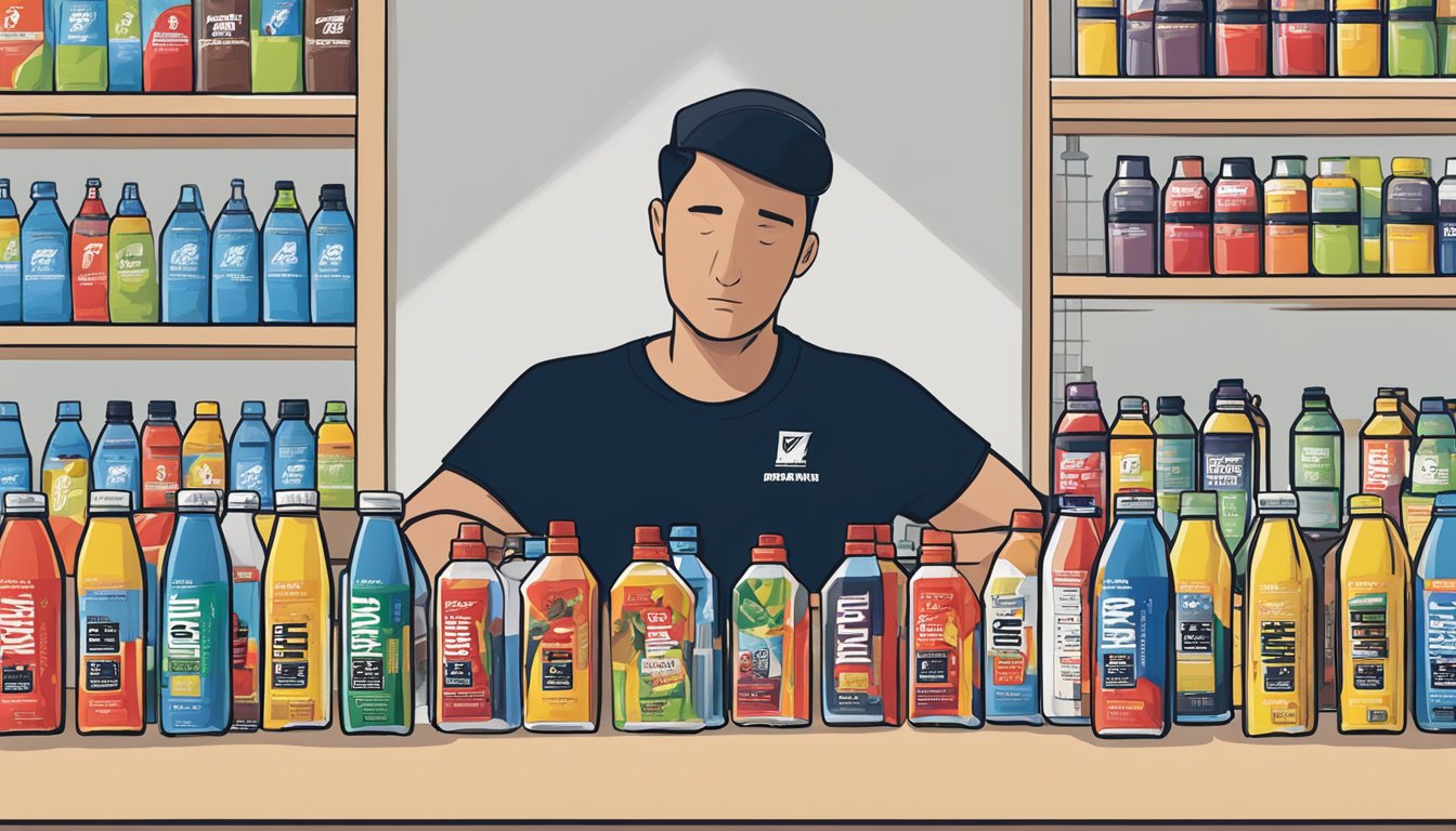 A table with multiple bottles of BodyArmor sports drink, some empty, some partially full, and a person looking overwhelmed by the options