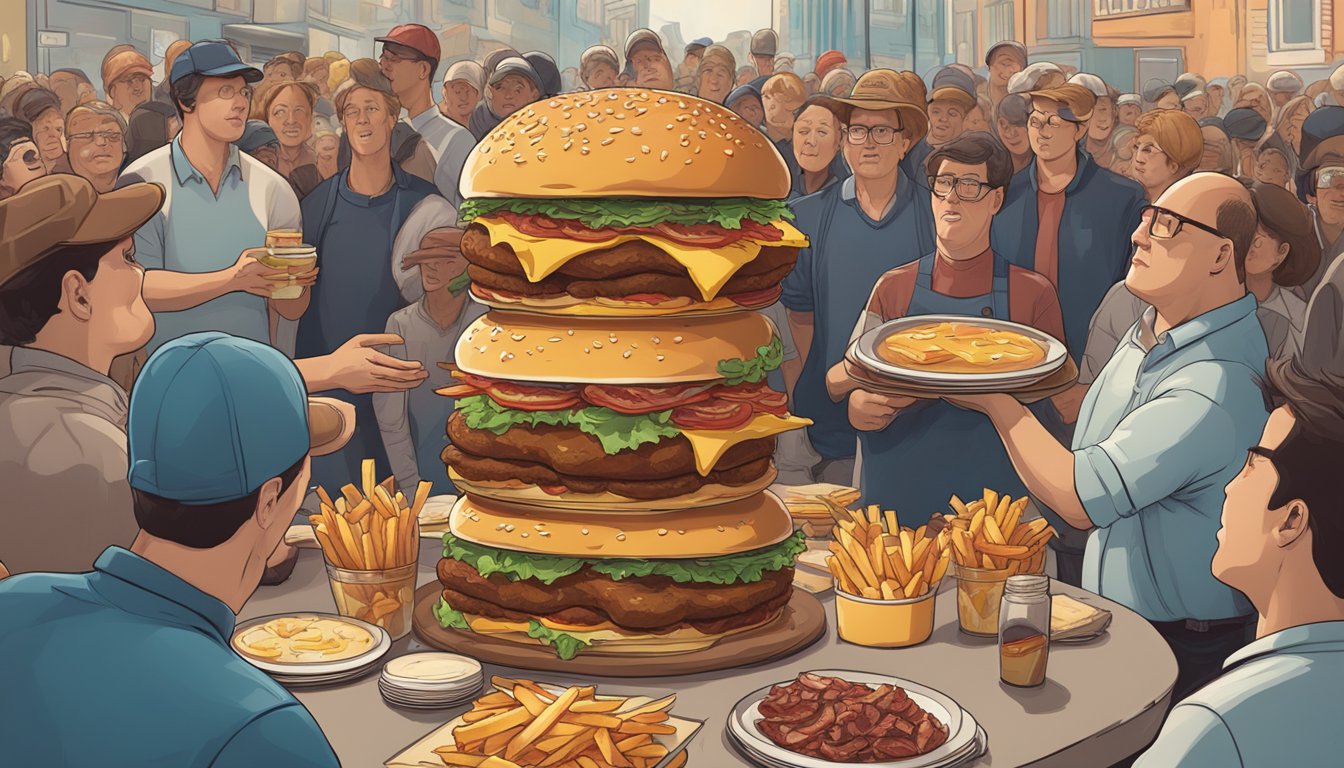 A towering stack of burgers, cheese, bacon, and fries on a platter. A crowd watches as the challenger prepares to take on the massive meal