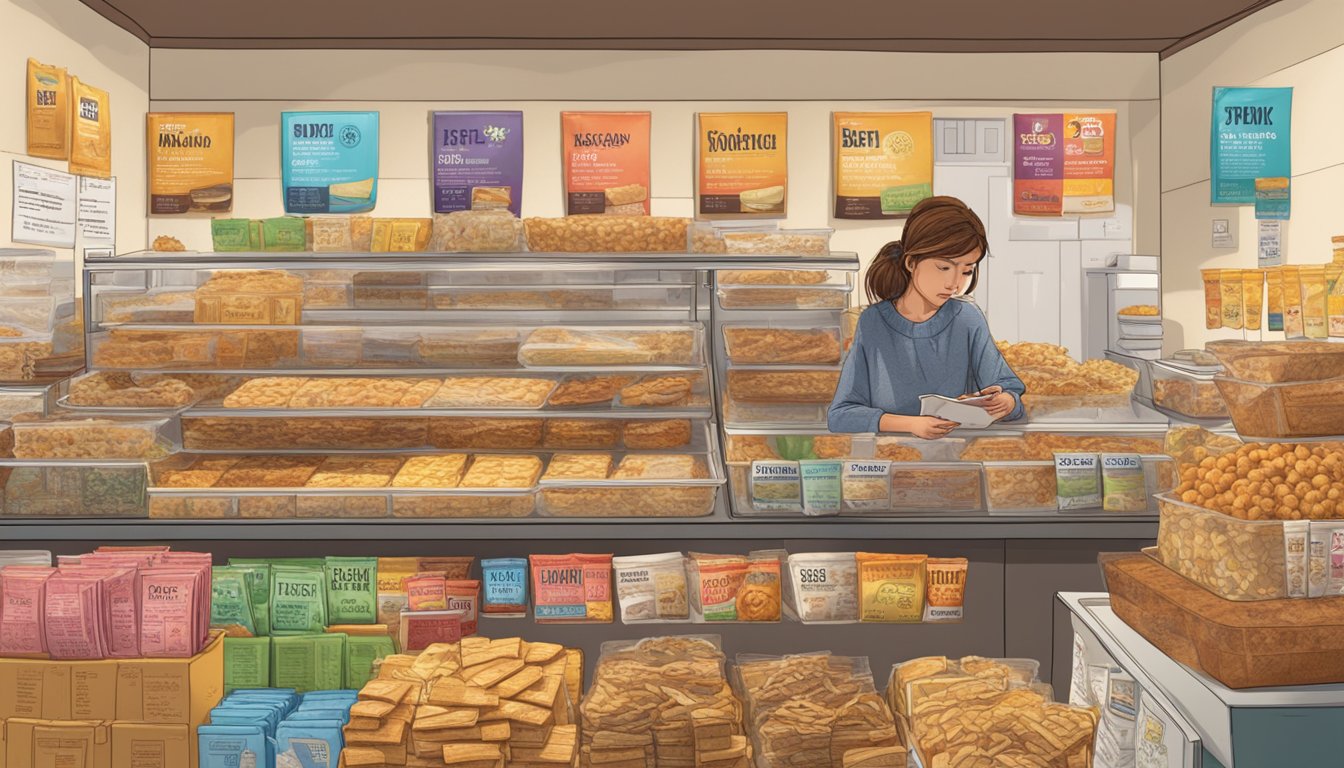 A table with various Taos Bakes snack bars piled high, surrounded by nutrition labels and a concerned person reading them