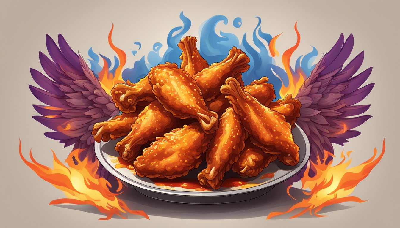 A table covered in spicy chicken wings with flames in the background