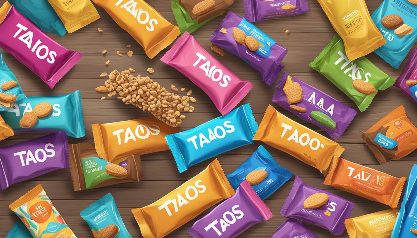 A pile of Taos Bakes snack bars overflowing from a colorful packaging, scattered on a wooden table