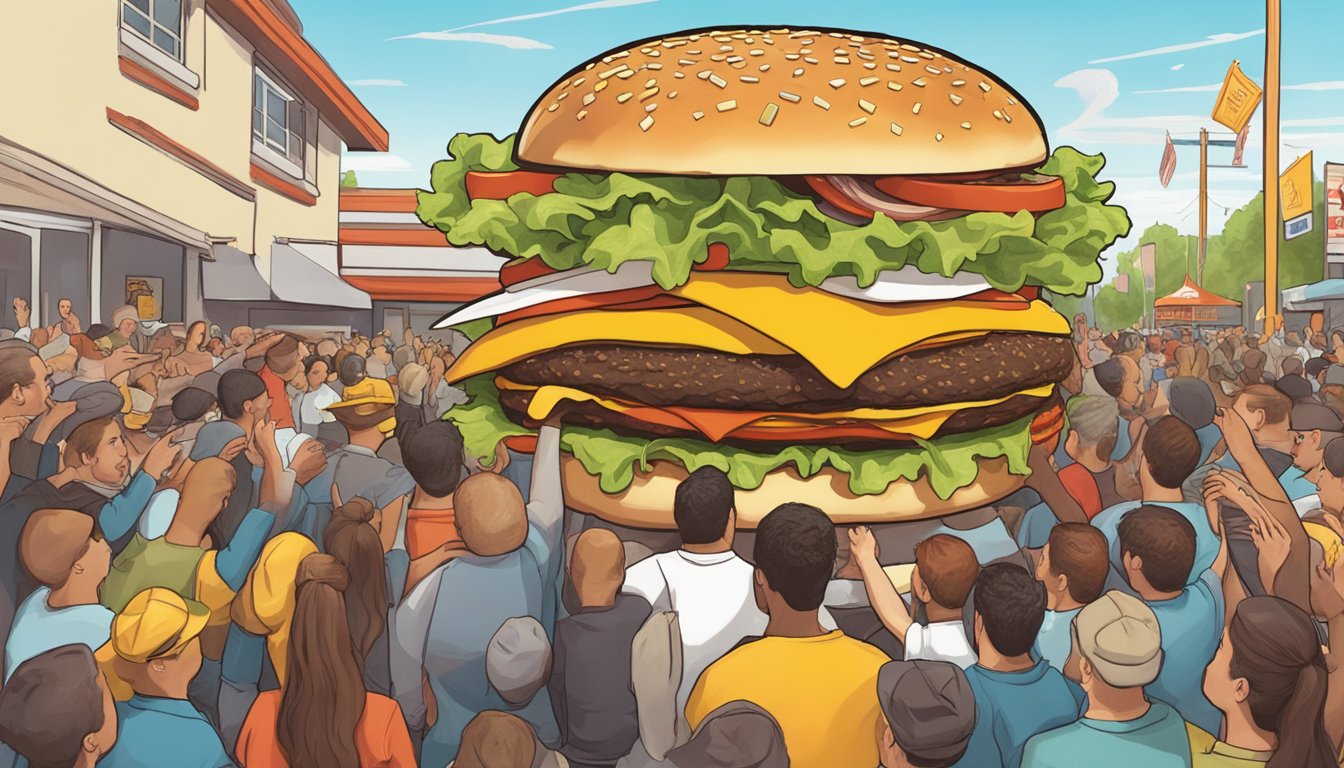 A towering burger stacked with multiple patties, cheese, lettuce, and sauce, surrounded by a crowd of onlookers at Chunky's Burgers