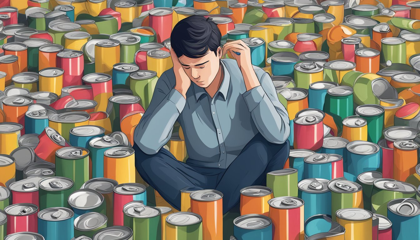 A person surrounded by empty cans of Celsius, looking unwell