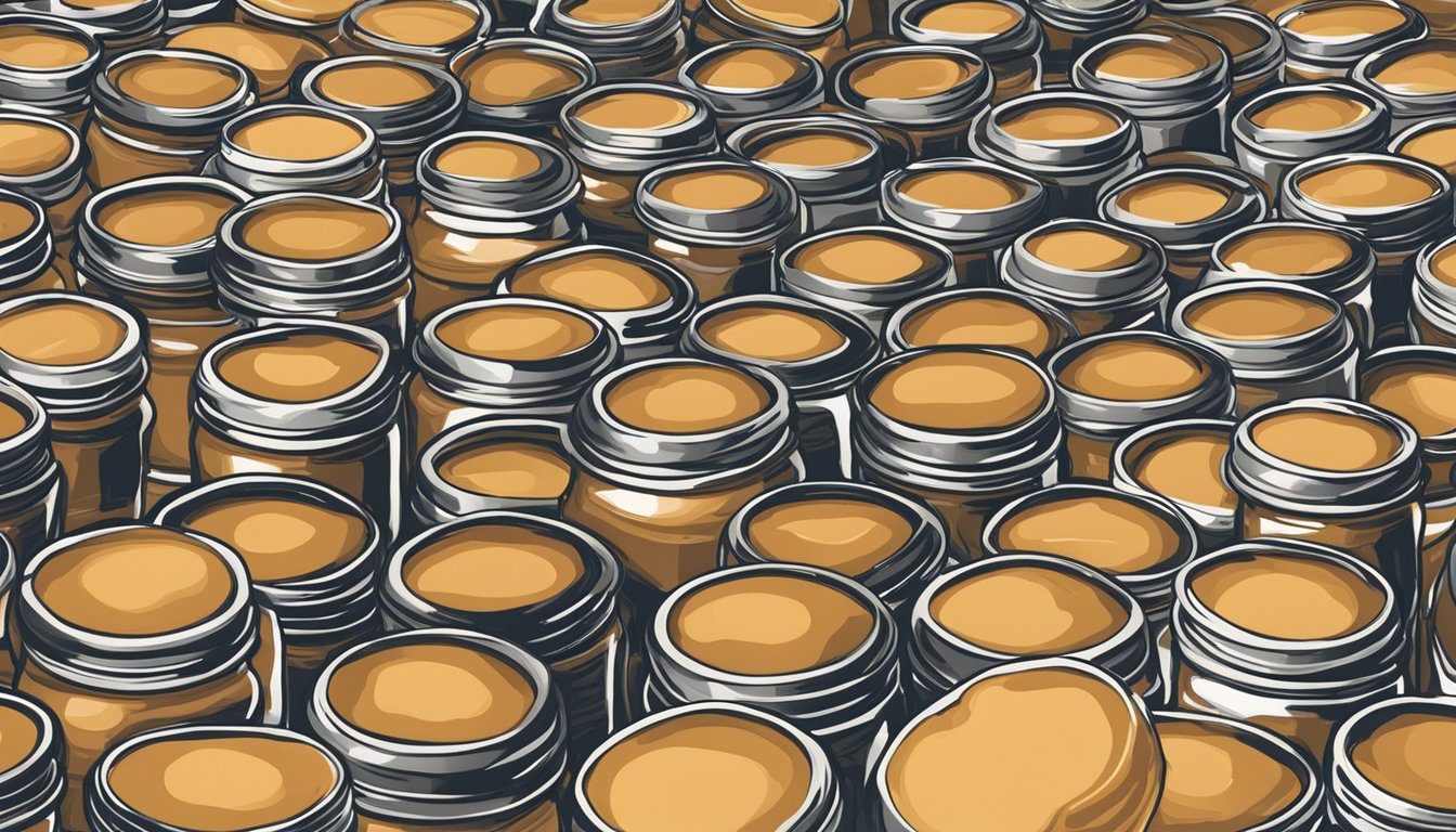 A table covered in open jars of Dixie peanut butter, with stacks of bread and empty plates