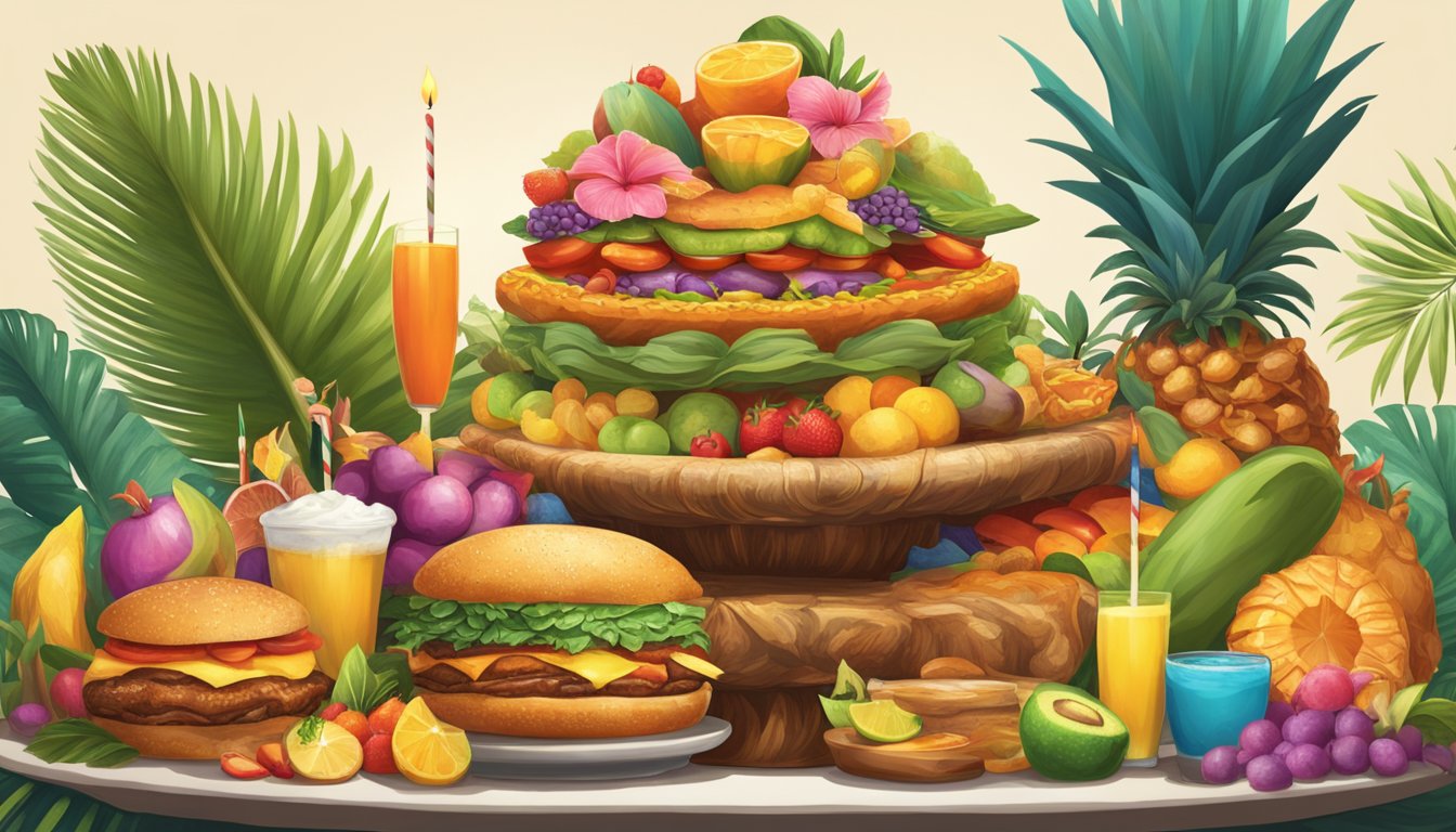 A towering pile of colorful, oversized food items sits on a large platter, surrounded by tiki torches and tropical decor