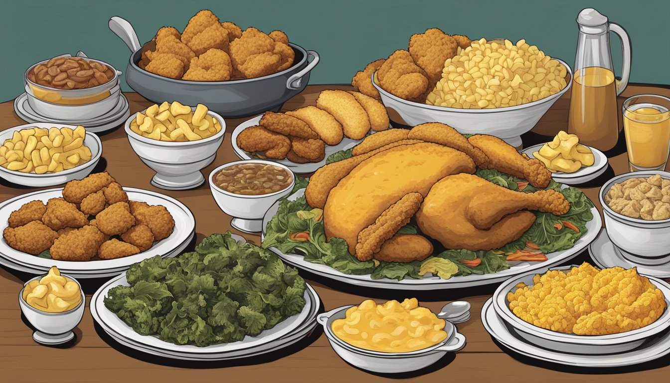 A large platter overflowing with classic Southern comfort foods, including fried chicken, biscuits, macaroni and cheese, collard greens, and cornbread