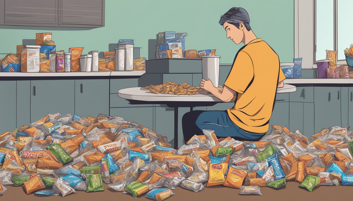 A table scattered with empty snack bar wrappers, overflowing trash bin, and a person looking overwhelmed with a pile of uneaten snack bars