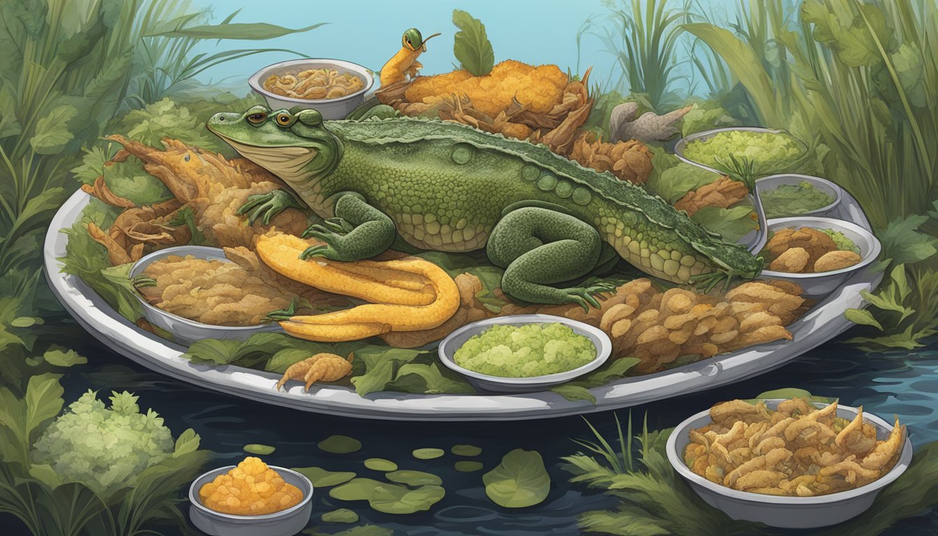 A large platter filled with a variety of Florida cuisine, including gator tail, frog legs, and swamp cabbage, surrounded by a swampy, marsh-like setting