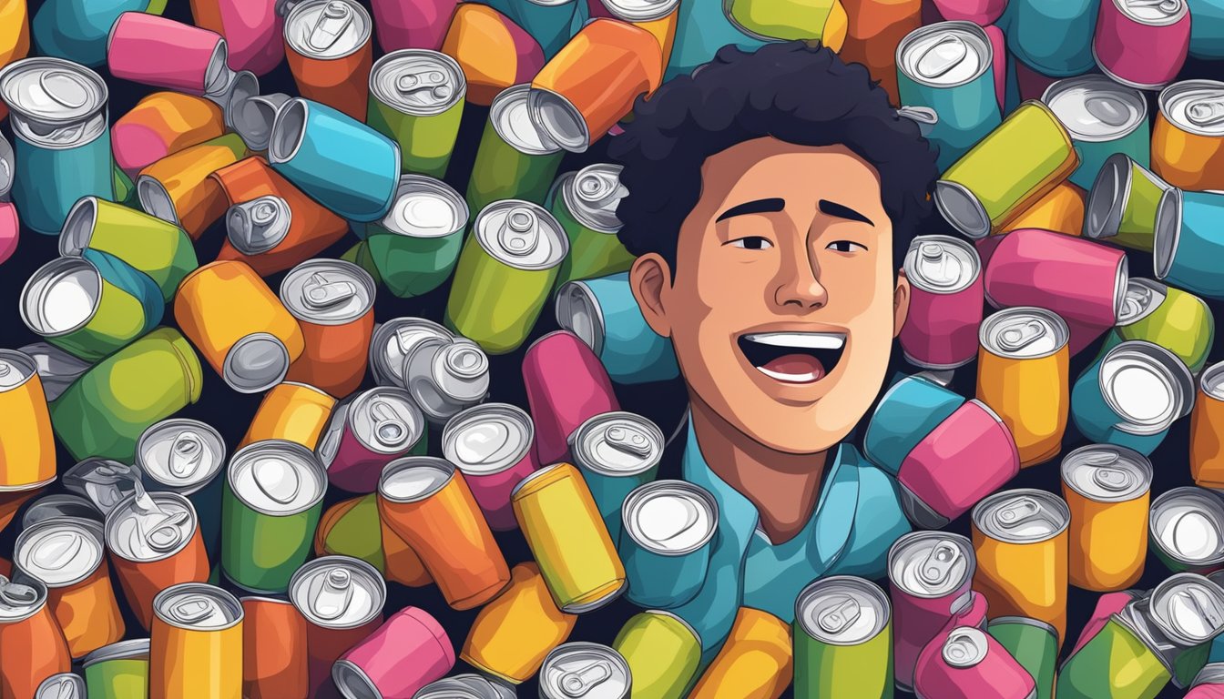 A person surrounded by empty Celsius cans, sweating and panting after excessive physical activity