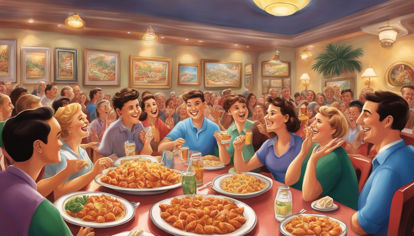 A table set with a large platter of stuffed shells, surrounded by cheering onlookers at Buca di Beppo in Florida