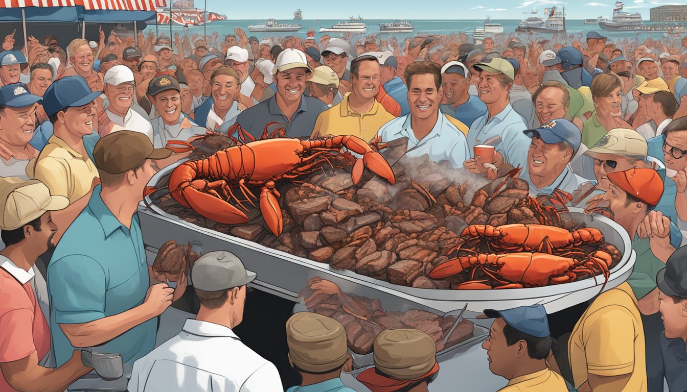 A massive platter piled high with steaming lobster and sizzling steak, surrounded by a crowd of onlookers at the Boston Lobster Feast in Florida