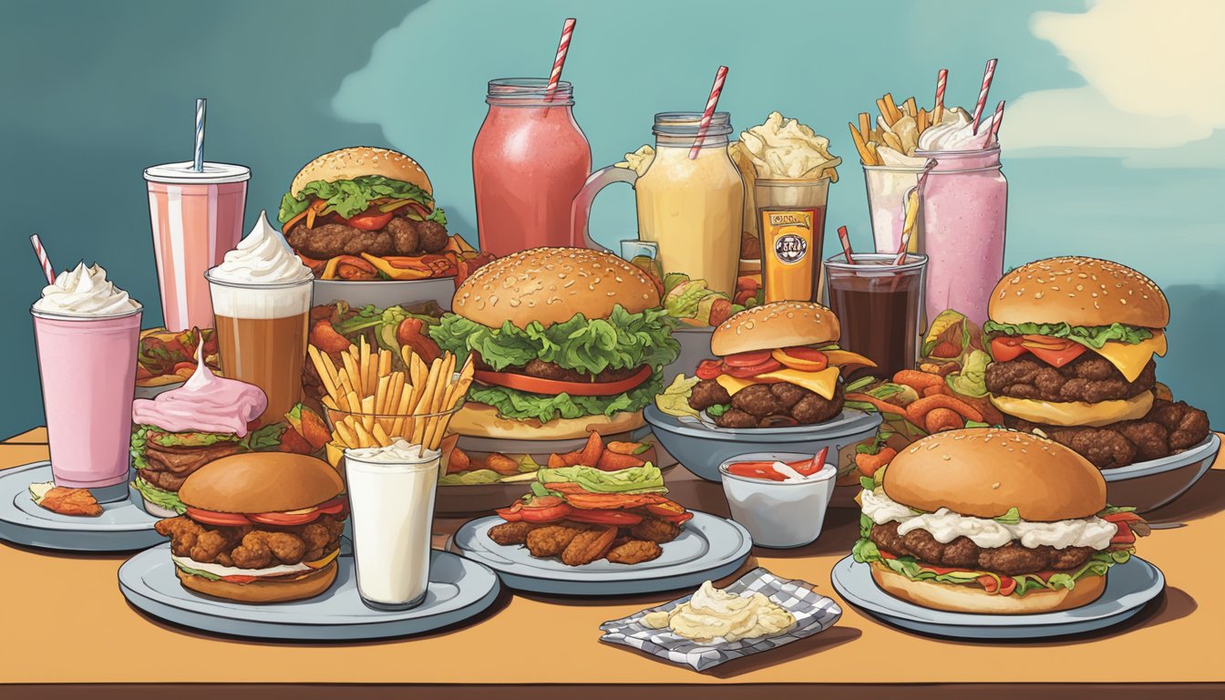 A table filled with various Georgia food challenges, including giant burgers, spicy wings, and massive milkshakes