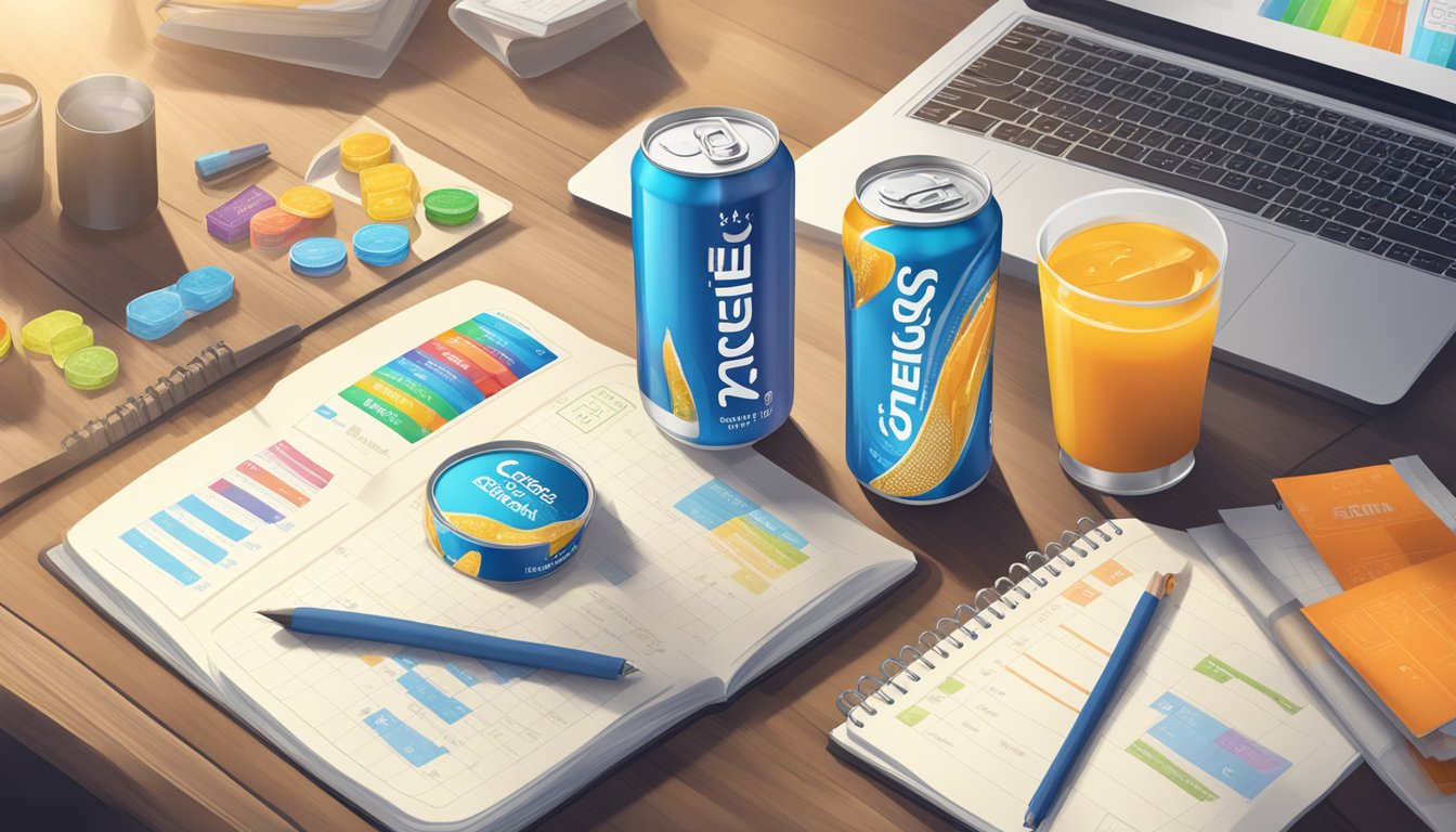 A table with multiple cans of Celsius energy drink, surrounded by scattered nutritional labels and an open notebook with calculations