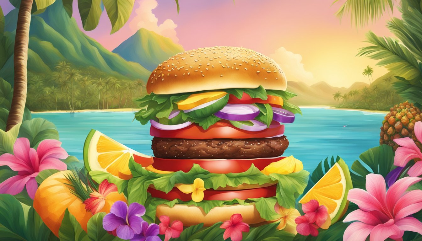 A towering burger surrounded by tropical fruits and flowers, set against a backdrop of lush Hawaiian landscape