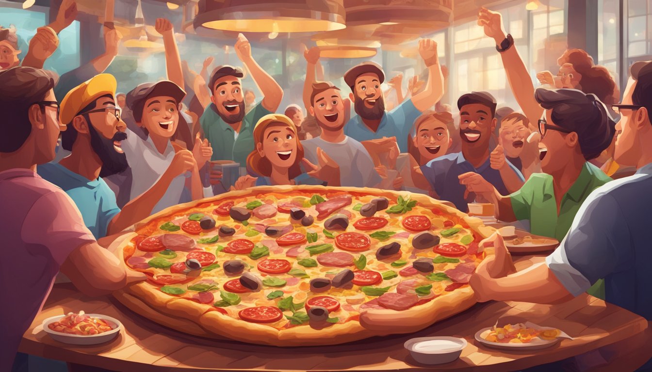 A massive pizza with assorted meat toppings towers over a table, surrounded by cheering onlookers in a lively restaurant setting