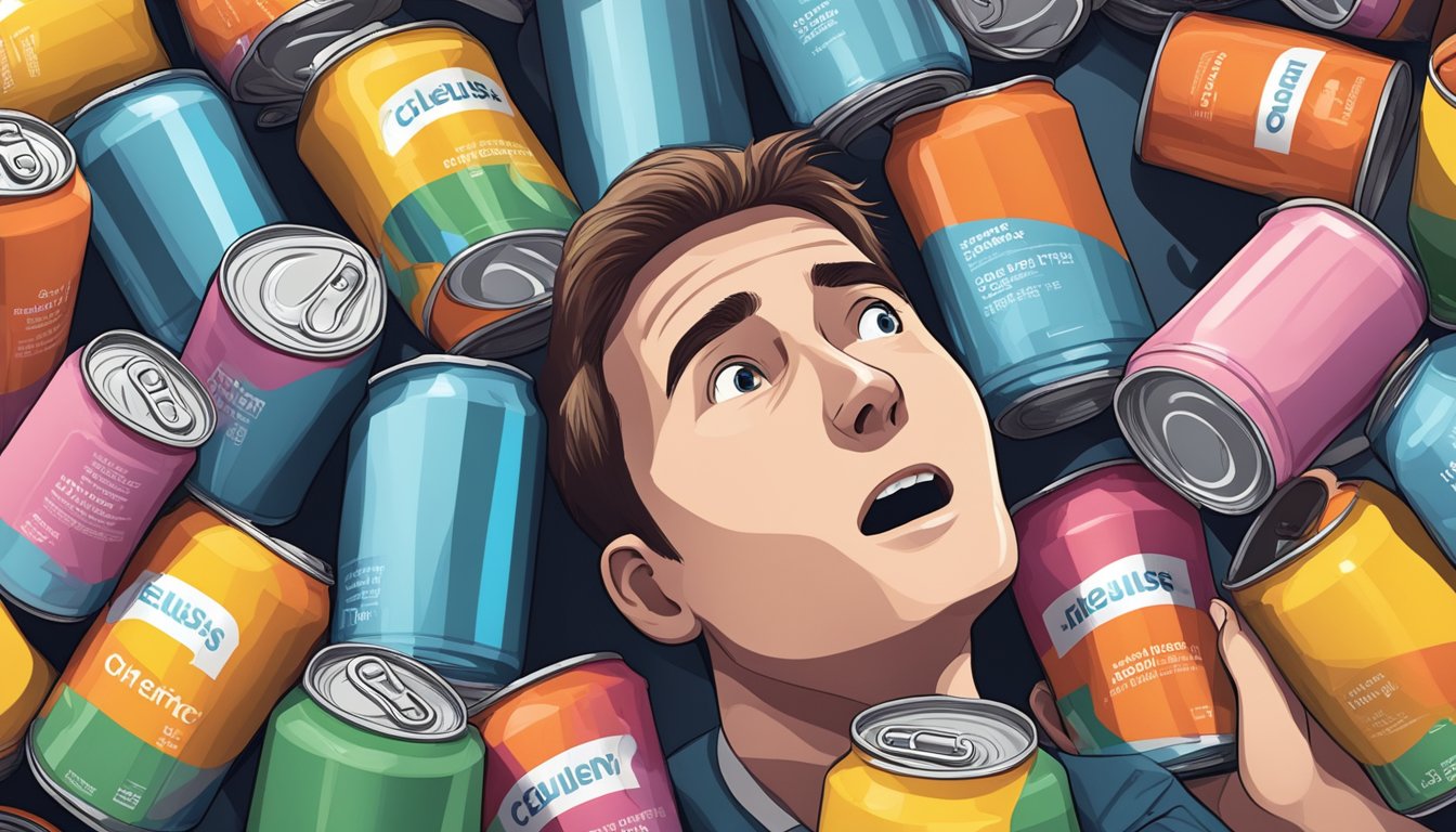 A person surrounded by empty Celsius cans, looking overwhelmed