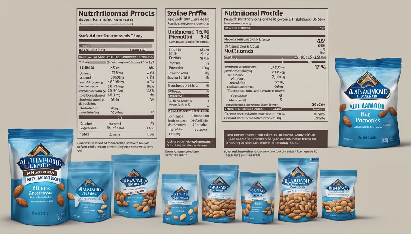 A table with several bags of Blue Diamond almonds, each labeled with the nutritional profile and portion size