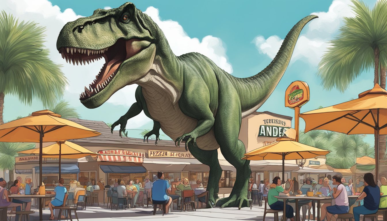 A towering T-Rex statue looms over Andolini’s Pizza, surrounded by brave diners attempting the Florida food challenge