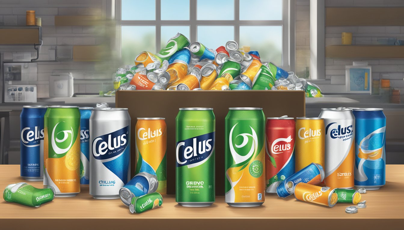 A table filled with empty cans of Celsius energy drink, surrounded by overflowing recycling bins