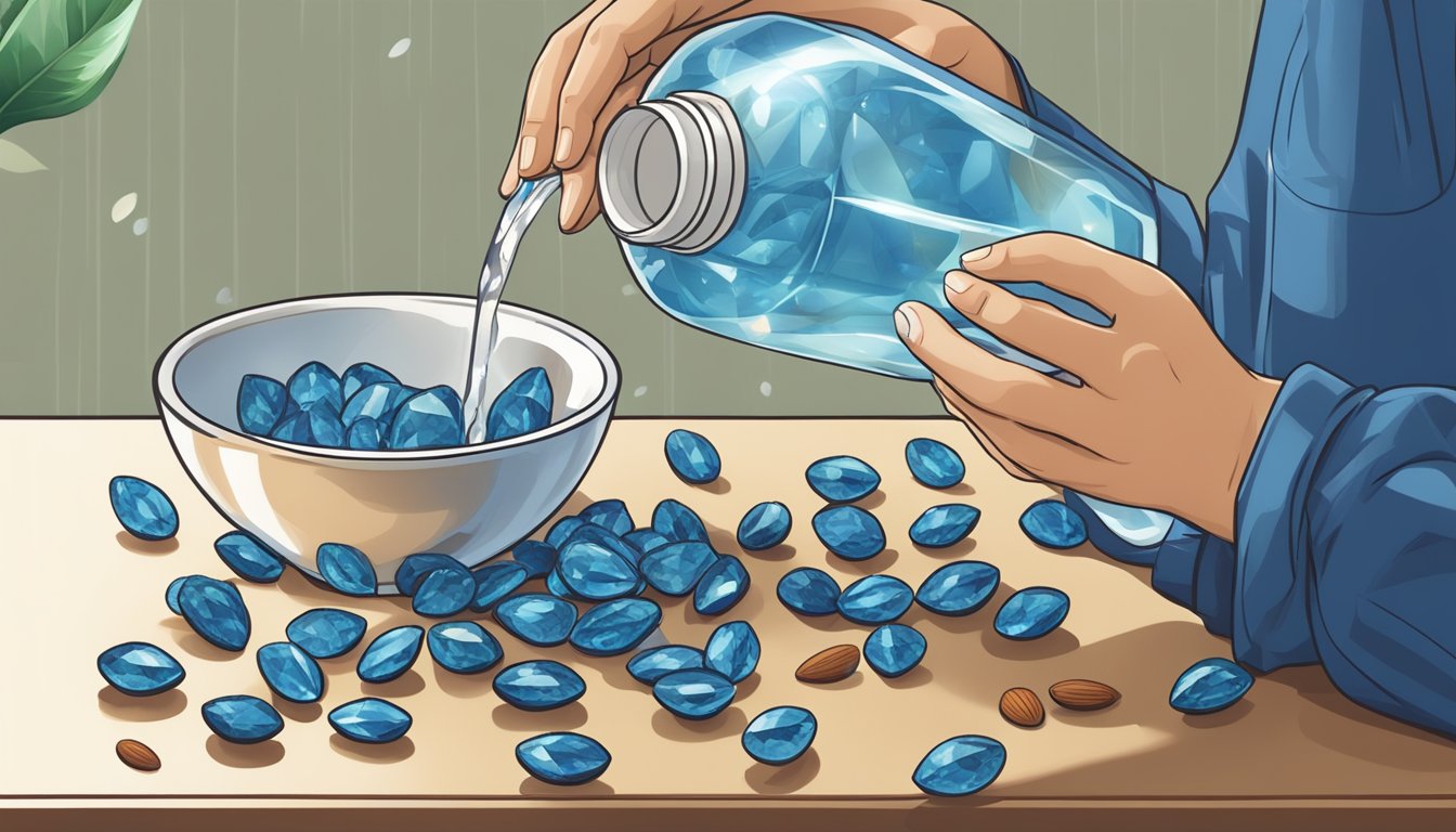 A person pouring a handful of Blue Diamond almonds from a bag into a bowl, with a glass of water nearby