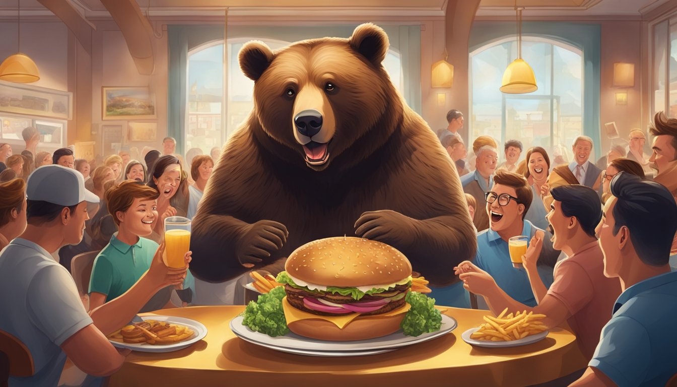 A giant bear-shaped burger being served on a platter surrounded by cheering spectators in a restaurant setting